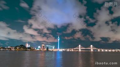 澳门澳门塔西湾大桥澳门夜景固定延时摄影